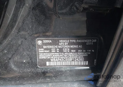 2011 BMW 328I xDrive from USA, damaged, VIN WBAPK5C55BF124260